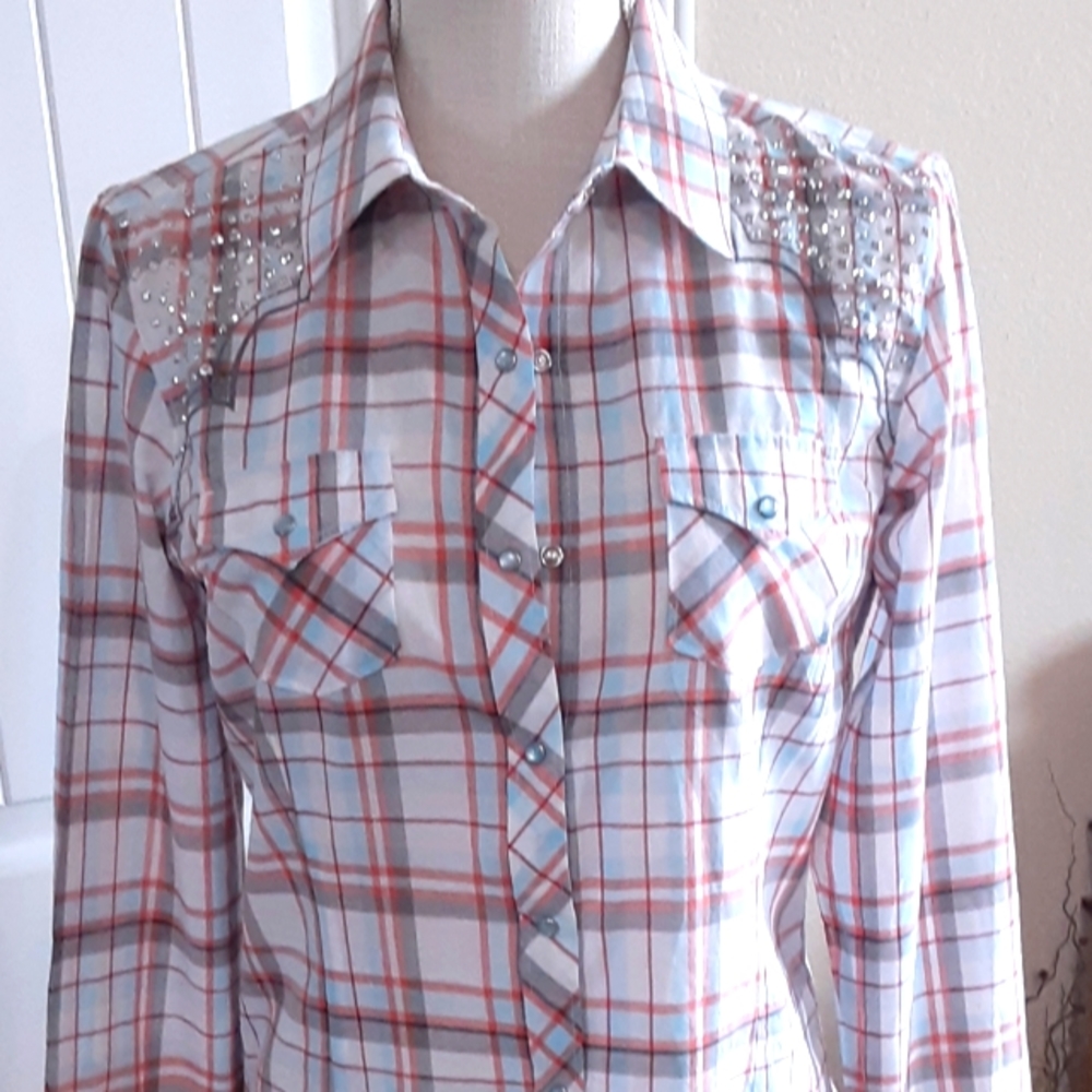 ARIAT,  FITTED Blue Pearl Snap Button Subtle Plaid Cotton Western Style Shirt M